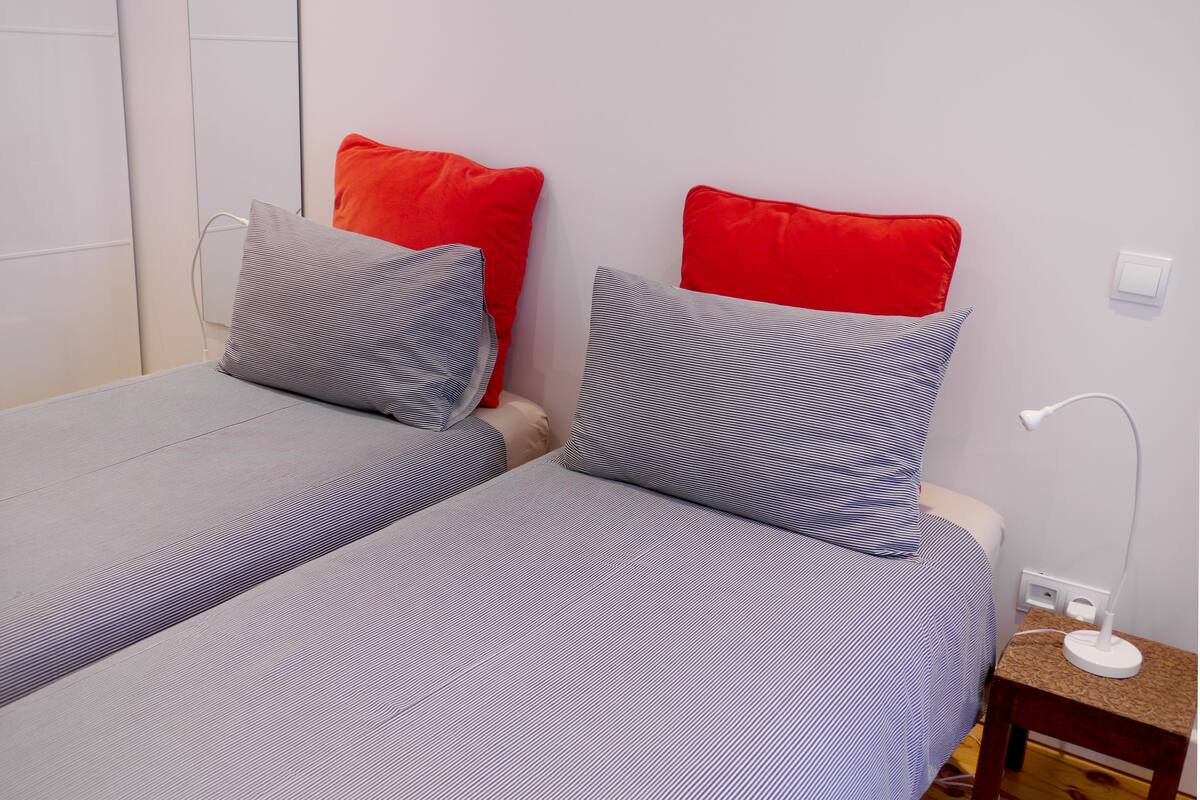 A room with two beds, each with striped bedding and red pillows. There is a bedside table with a lamp and a power outlet.