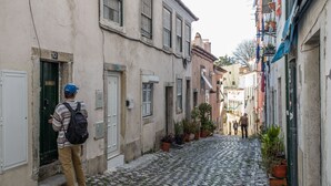 Een smalle straat met keien, langs beide zijden gebouwen, waarvan sommige potplanten en vlaggen hebben.