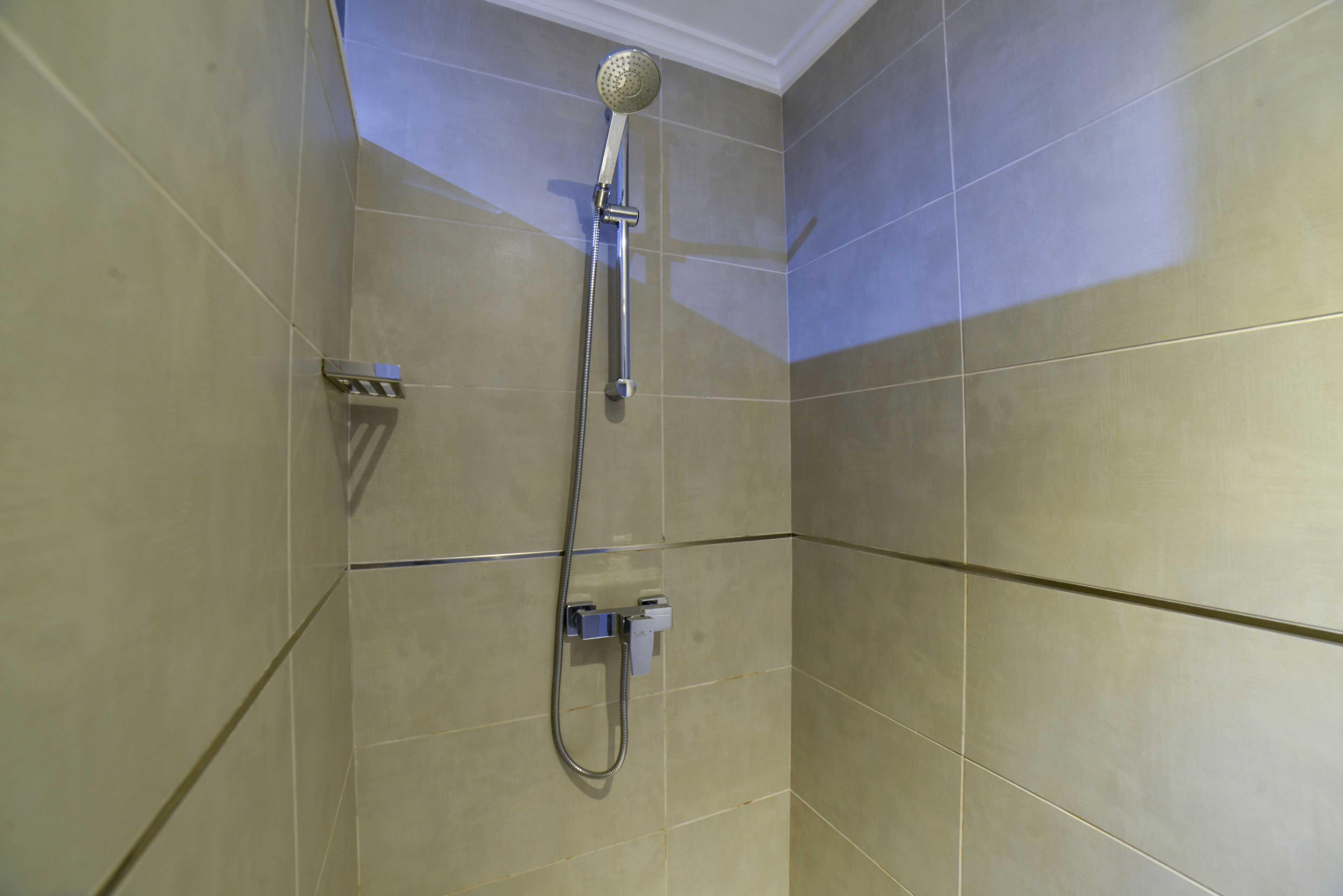 A shower with a handheld showerhead and a wall-mounted faucet.
