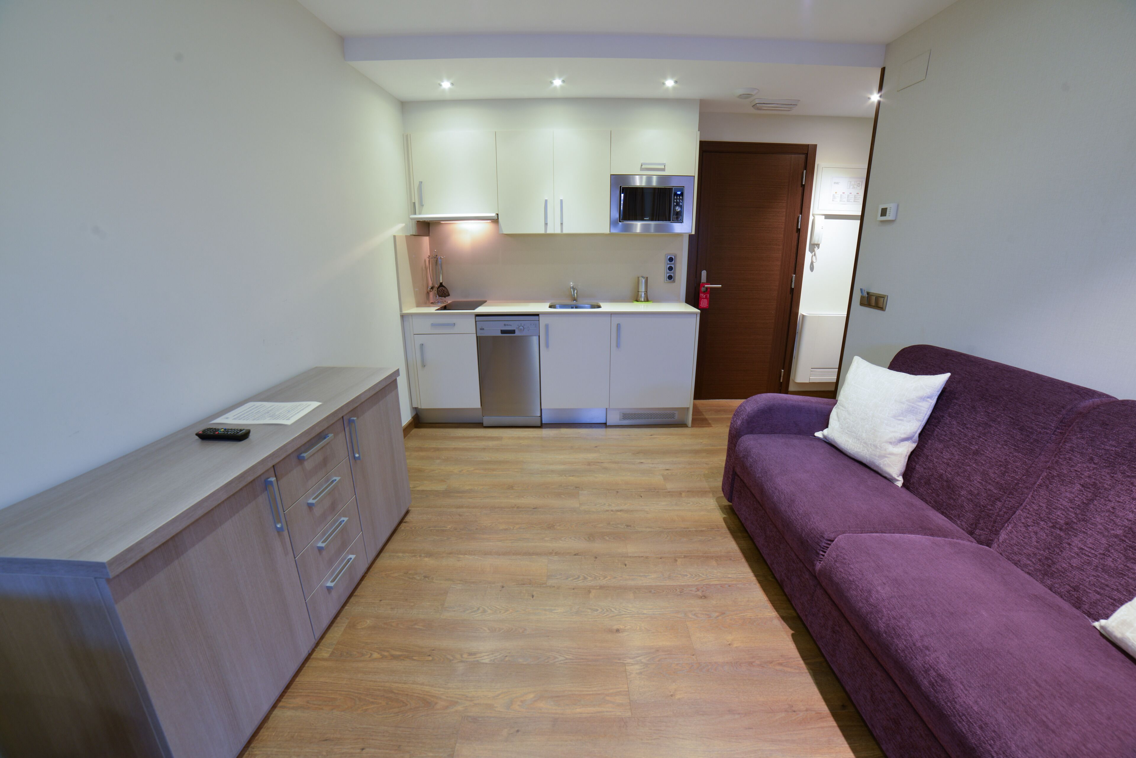 Un espacio habitable compacto con kitchenette, un sofá púrpura y piso de madera.