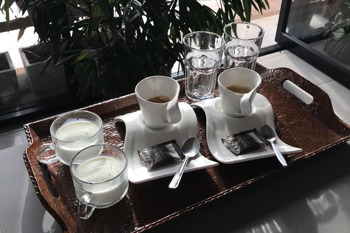 A tray with two cups of coffee, two glasses of milk, and a spoon on a table with a plant in the background.