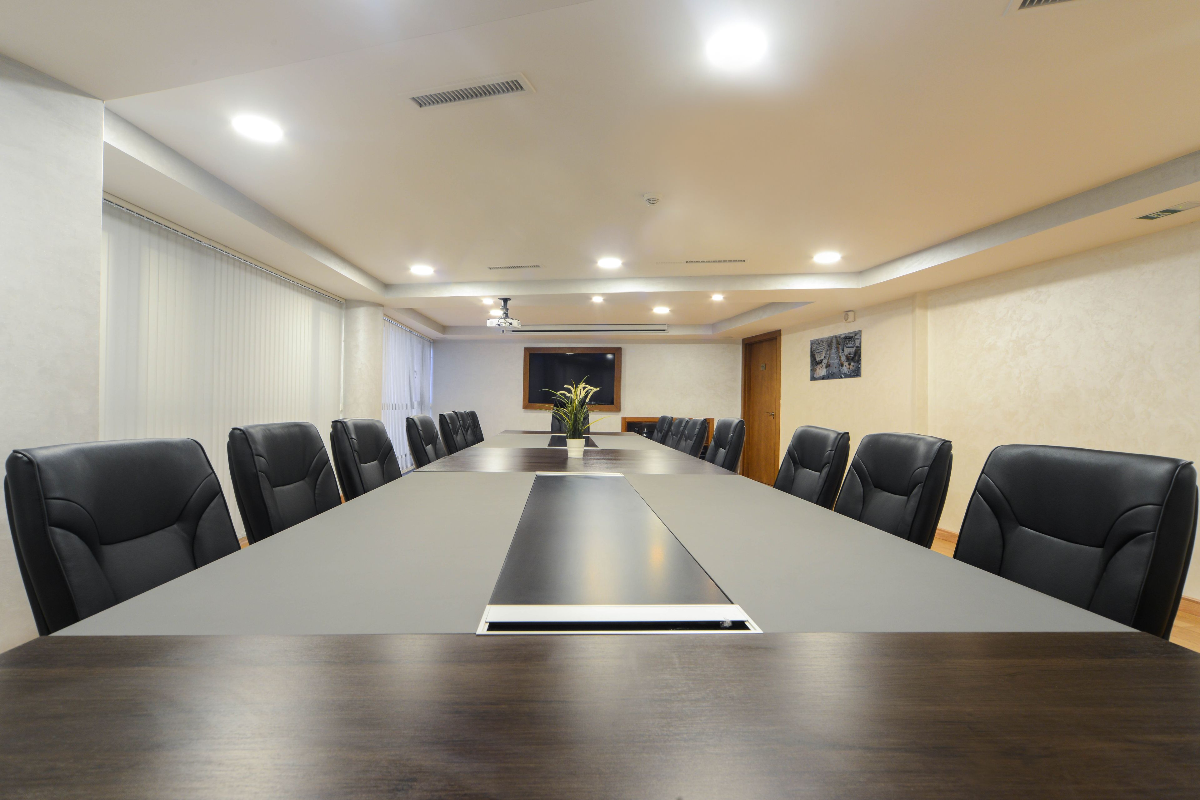 A conference room with a long table, black leather chairs, recessed ceiling lights, and a potted plant.