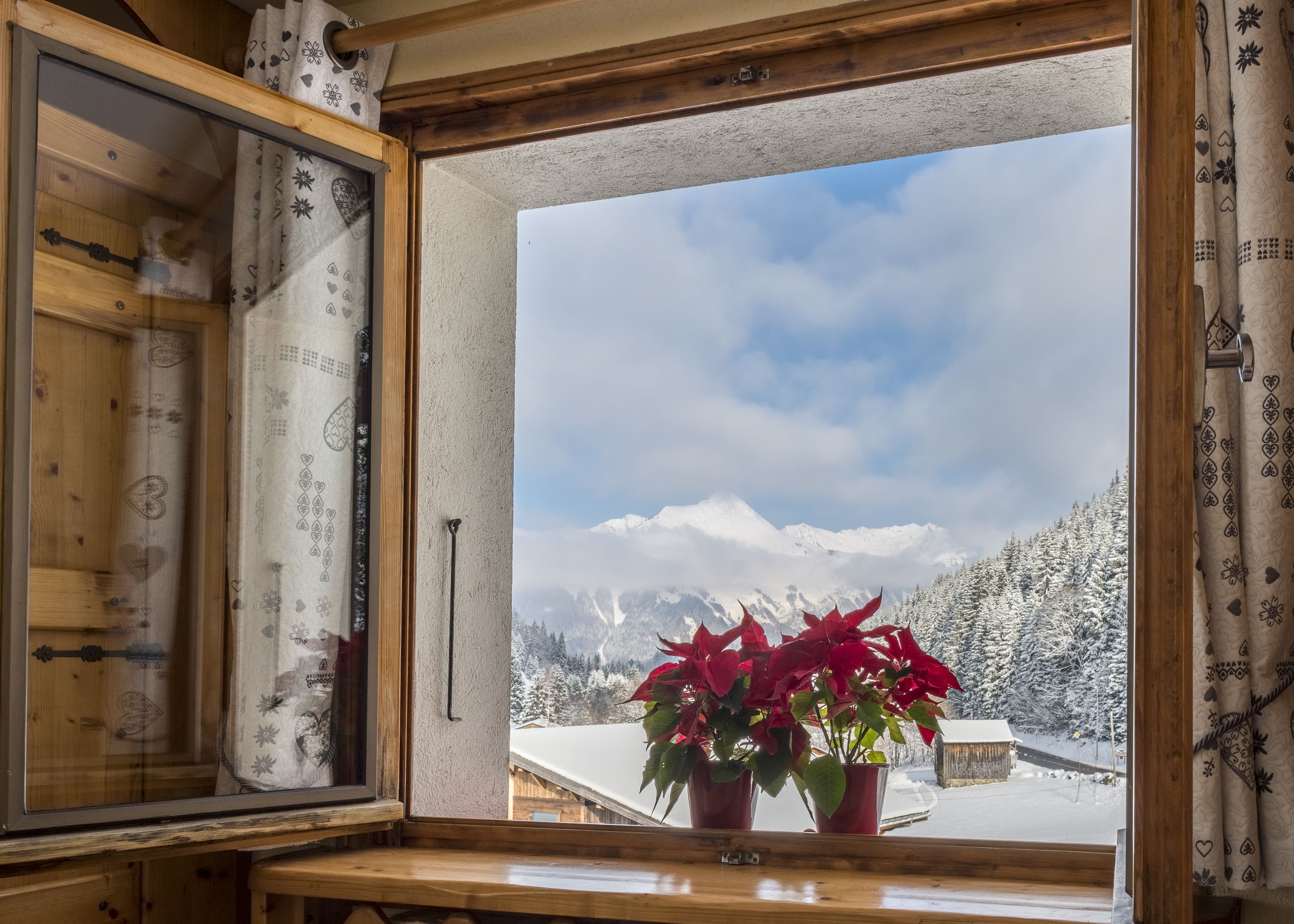 Une fenêtre à cadre en bois offrant une vue sur des montagnes enneigées et un ciel dégagé.