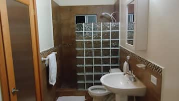 Bathroom features a toilet, sink, and shower with a glass enclosure.