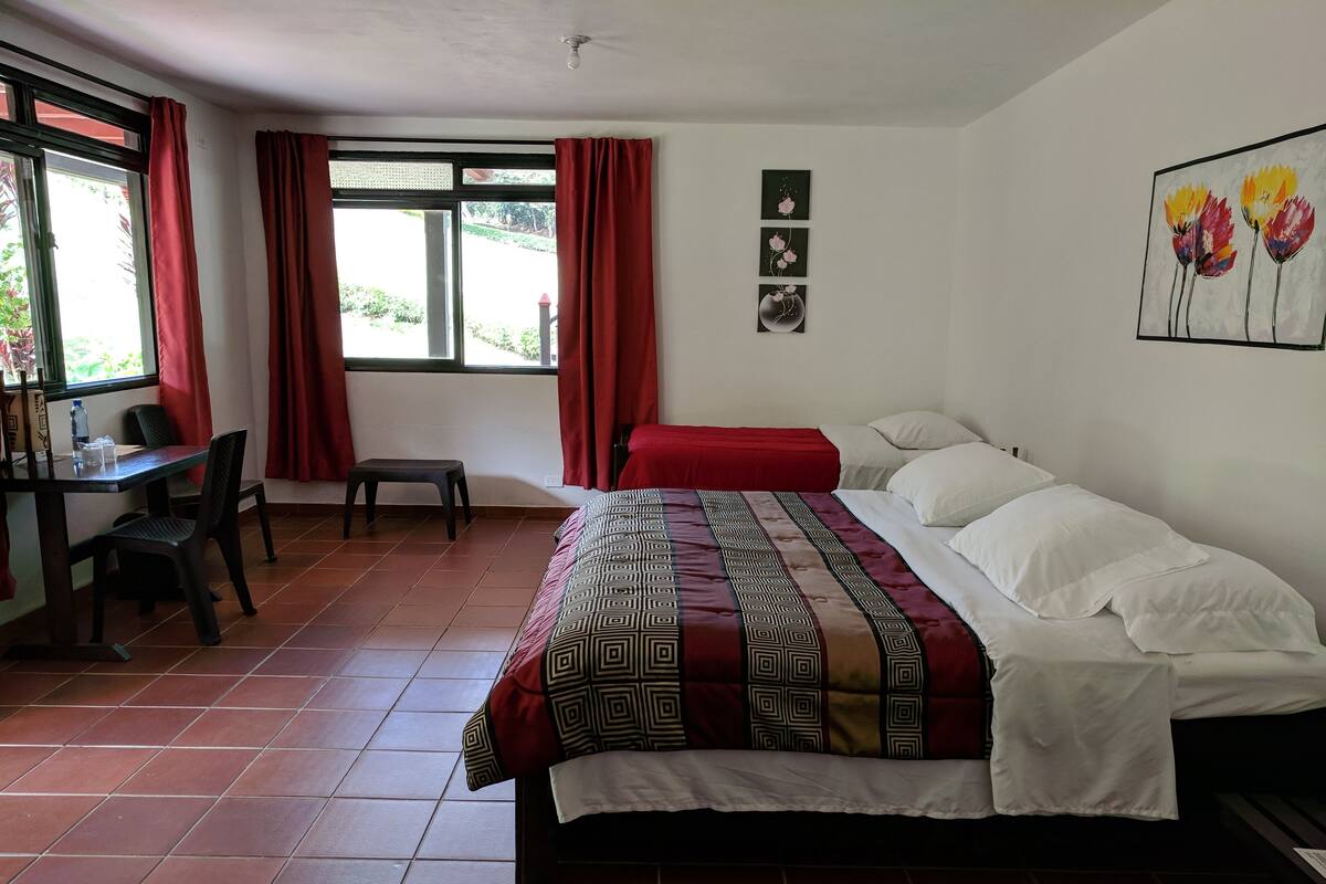 A hotel room with a bed, a desk, and a chair.