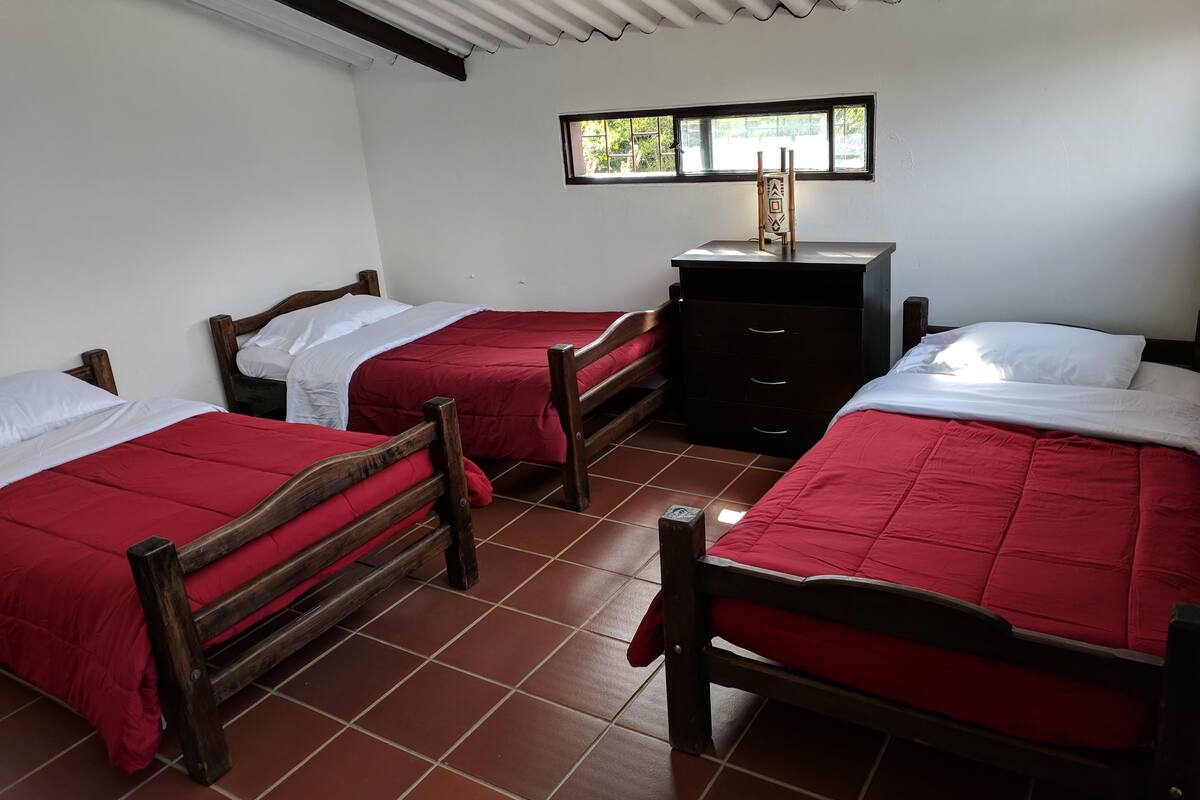 A room with three wooden beds, each with a red bedspread and white pillows. There is a small black dresser with drawers and a mirror above it. The room has white walls and a window with a view of greenery outside.