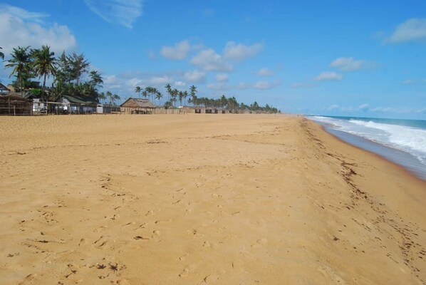 On the beach, sun-loungers