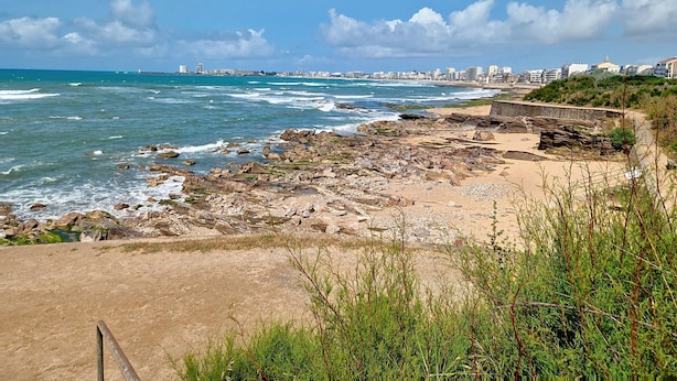 Un paisaje costero con terreno rocoso, una playa de arena y el perfil de una ciudad a lo lejos.