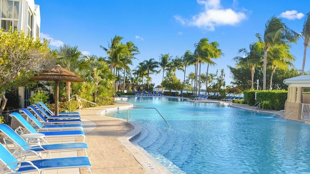 A swimming pool with blue lounge chairs, palm trees, and a clear blue sky. -  Mariner's Club 606 • Clean & Reliable 4/4 • Amazing Pools & Resort Amenities (Key Largo)