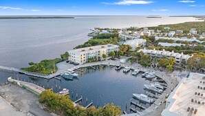 A marina with boats docked, a pier, and a residential area with houses and greenery. -  Mariner's Club 606 • Clean & Reliable 4/4 • Amazing Pools & Resort Amenities (Key Largo)