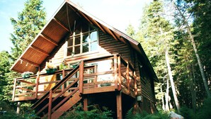 Une cabane en rondins avec un escalier en bois menant à une terrasse, le tout entouré d’une forêt dense.