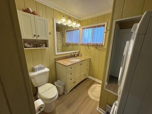 A bathroom with a toilet, sink, vanity, mirror, and a small rug on the floor.