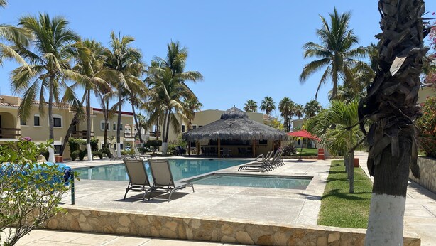 A pool area with lounge chairs, a thatched-roof structure, and palm trees.