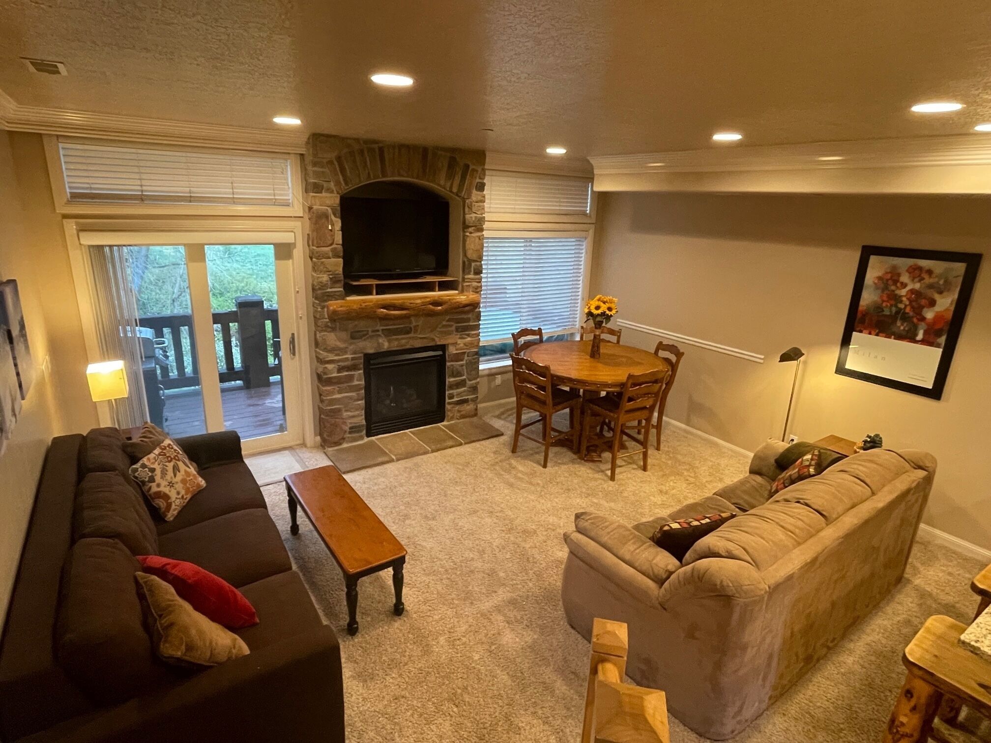 Smart TV, fireplace, books, computer monitors