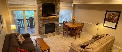 TV connectée, cheminée, livres, écrans d'ordinateur