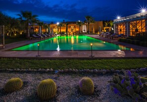 Une piscine nocturne, agrémentée de chaises longues et de palmiers, entourée d’un jardin bien entretenu où poussent des cactus.