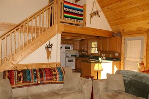 TV, fireplace, DVD player - Cozy 2 Bedroom 2 Bath Log Cabin-Pet Friendly, Fenced Yard, Views & Firepit (Maggie Valley)