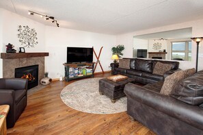Smart TV, fireplace, DVD player, books