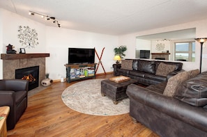 Smart TV, chimenea, reproductor de DVD y libros