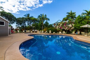 Una piscina de vora corbada, amb gandules i palmeres al voltant.