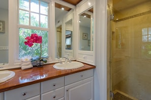 Shower, hair dryer, towels