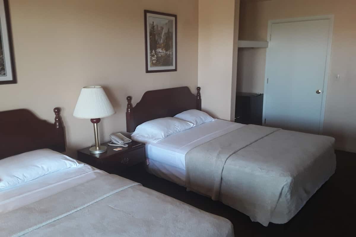 A hotel room with two single beds, a bedside table with a lamp, a telephone, and a framed picture on the wall.