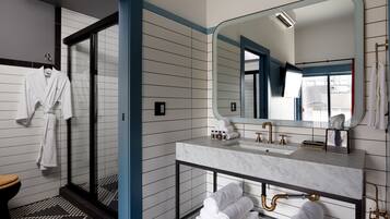 Queen Suite | Bathroom | Shower, designer toiletries, hair dryer, bathrobes