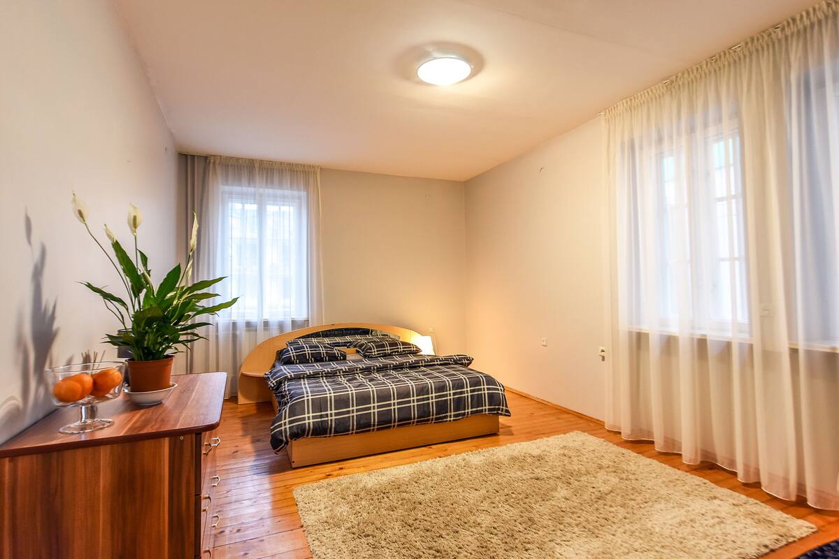 Un dormitorio con cama, mesita de noche, planta en maceta y ventana con cortinas.