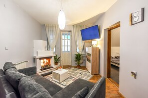 A cozy living room with a fireplace, a flat-screen TV, and a comfortable sofa. - Baltijos Apartamentai (Palanga)