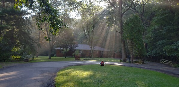 A residential area with a house, a driveway, and surrounding trees. - A sanctuary just 15 minutes from Detroit (Southfield)