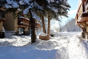 Guests can enjoy the serene snow-covered surroundings from the building's balcony.