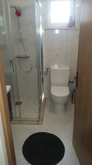 Shower, free toiletries, hair dryer, towels