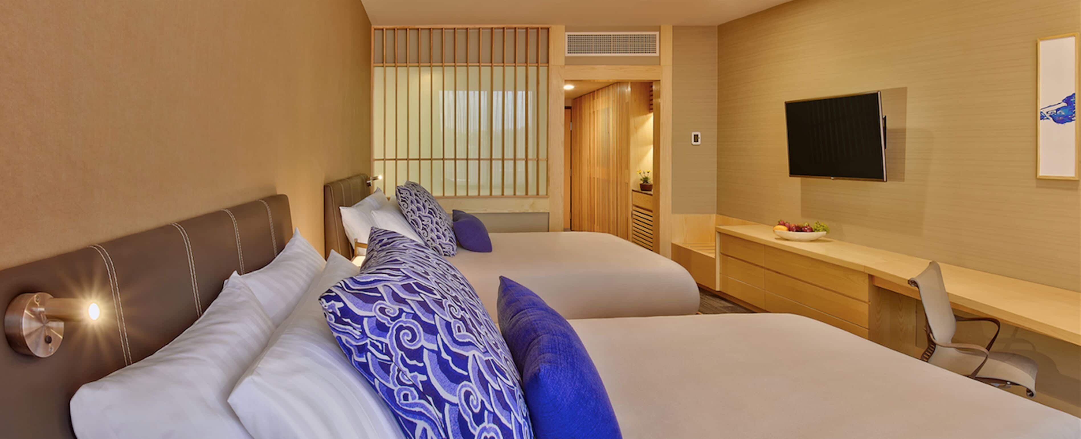 deluxe room, 2 double beds | 1 bedroom, in-room safe, desk, iron/ironing board