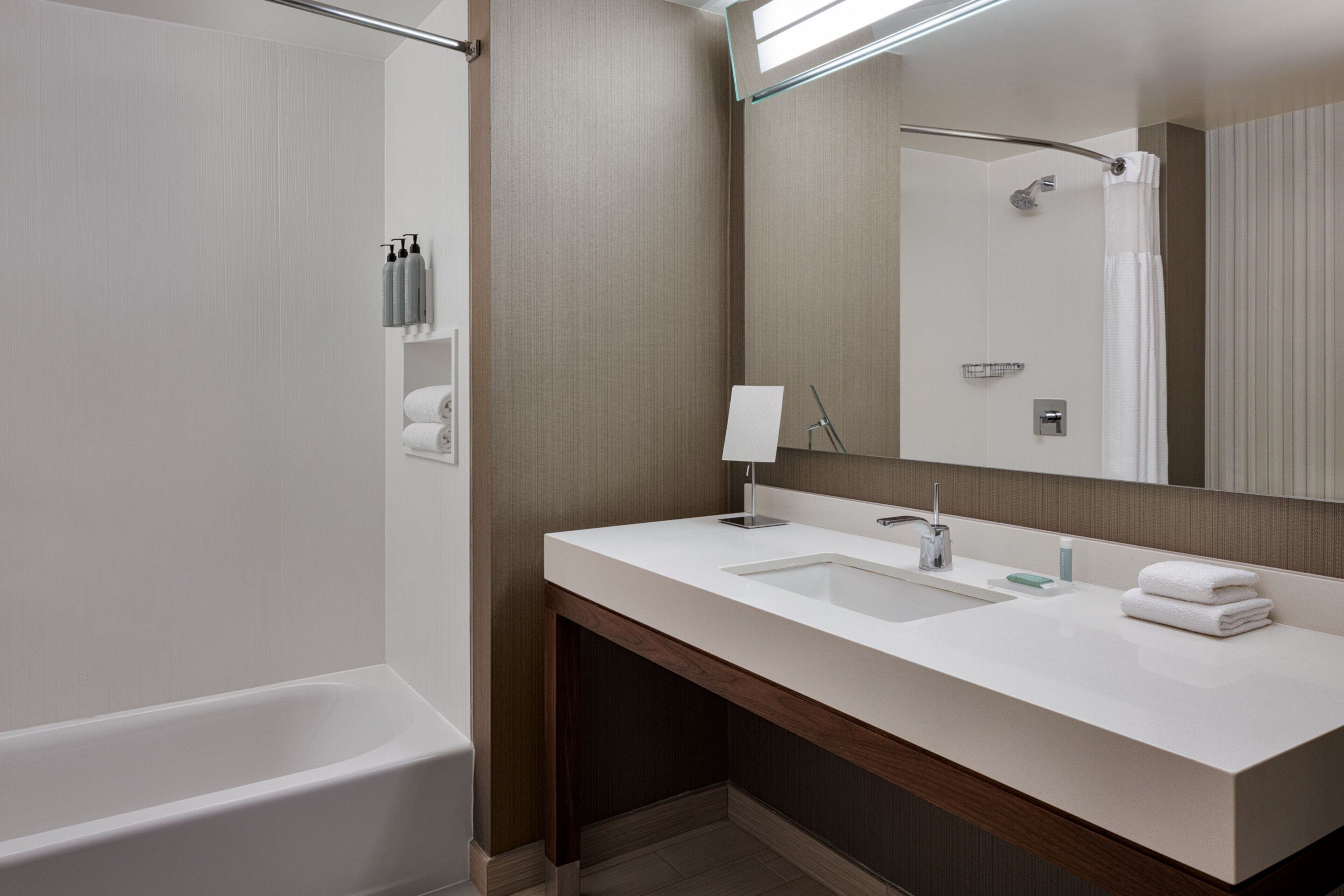 A modern bathroom with a double sink, a bathtub, and a large mirror.