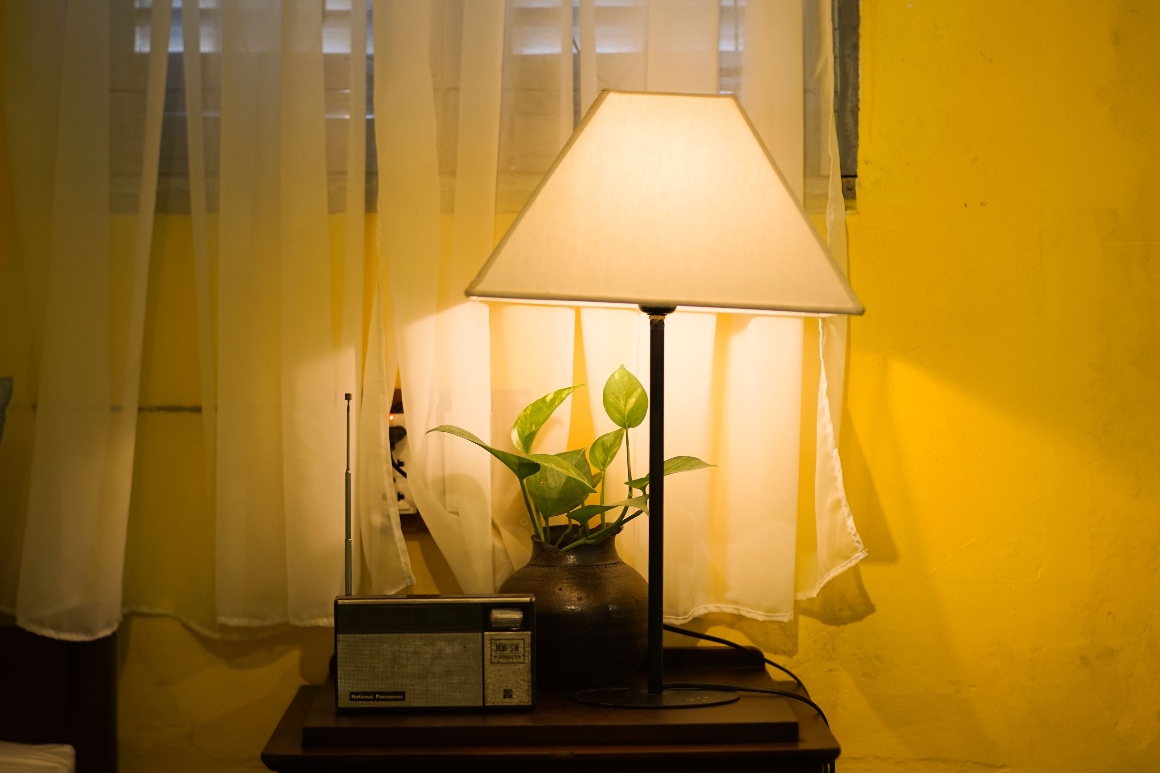A bedside table with a lamp, a radio, and a vase with a plant.
