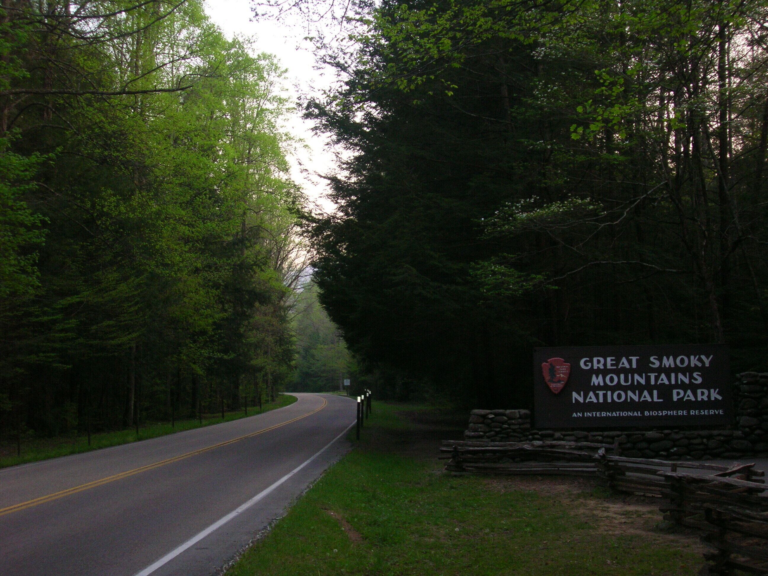 Eine Straße, die zum Schild des Great Smoky Mountains National Park führt.