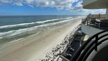 On the beach, sun loungers, beach towels