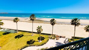 A beach view with palm trees and a clear sky.