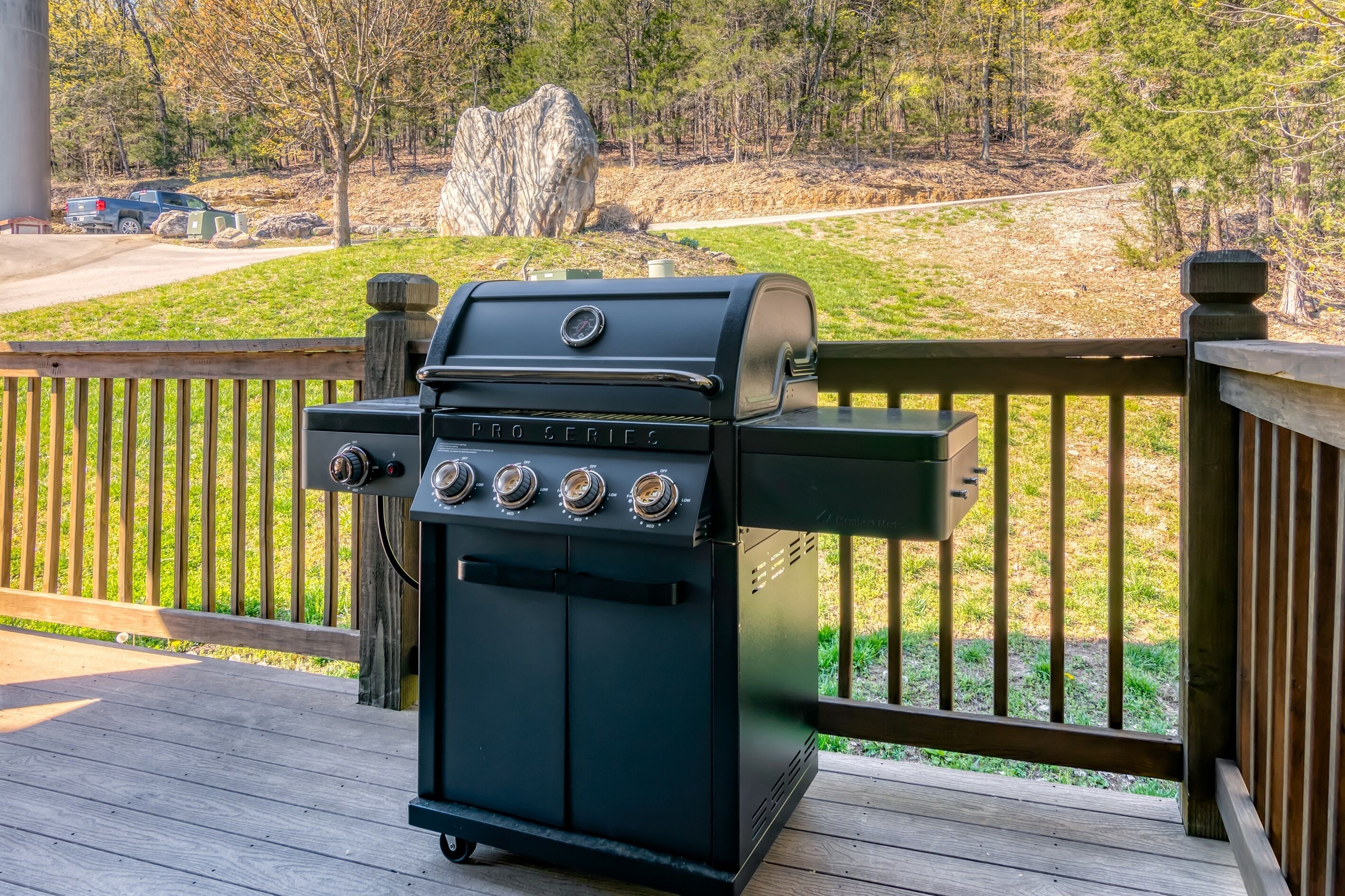 A black Pro Series grill on a wooden deck with a view of a park and a large rock in the background.