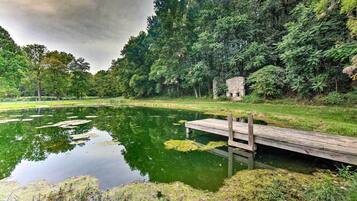 A serene pond with a wooden dock, surrounded by lush greenery and a stone building.