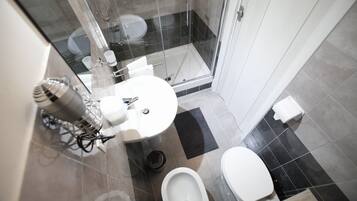 Combined shower/tub, hair dryer, bidet, towels