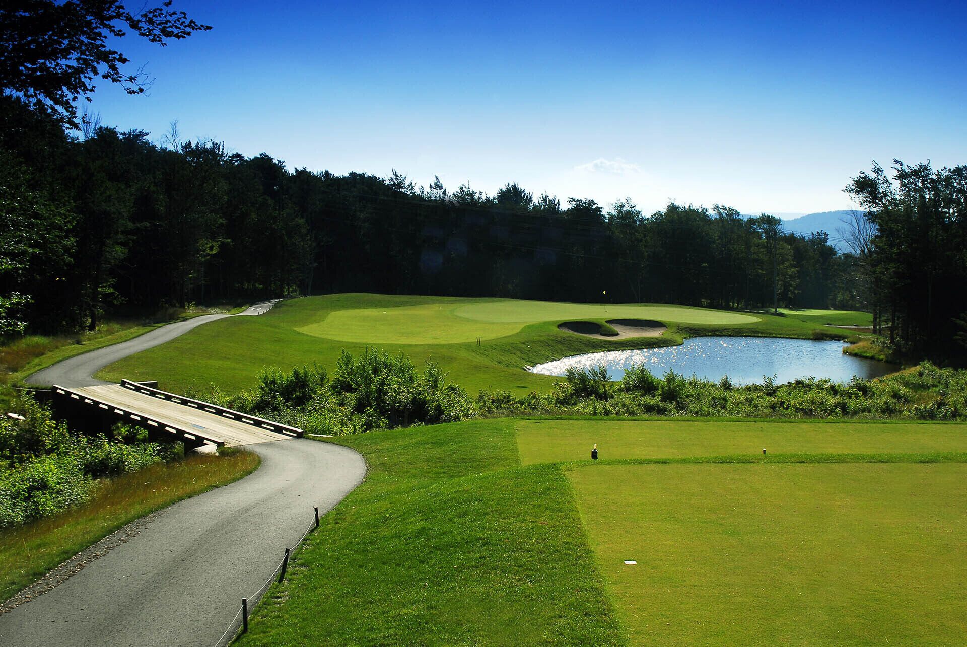 A golf course with a bridge, a pond, and a forested area.