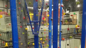 Eine Kletterhalle mit mehreren Kletterwänden und einem roten Teppichboden.