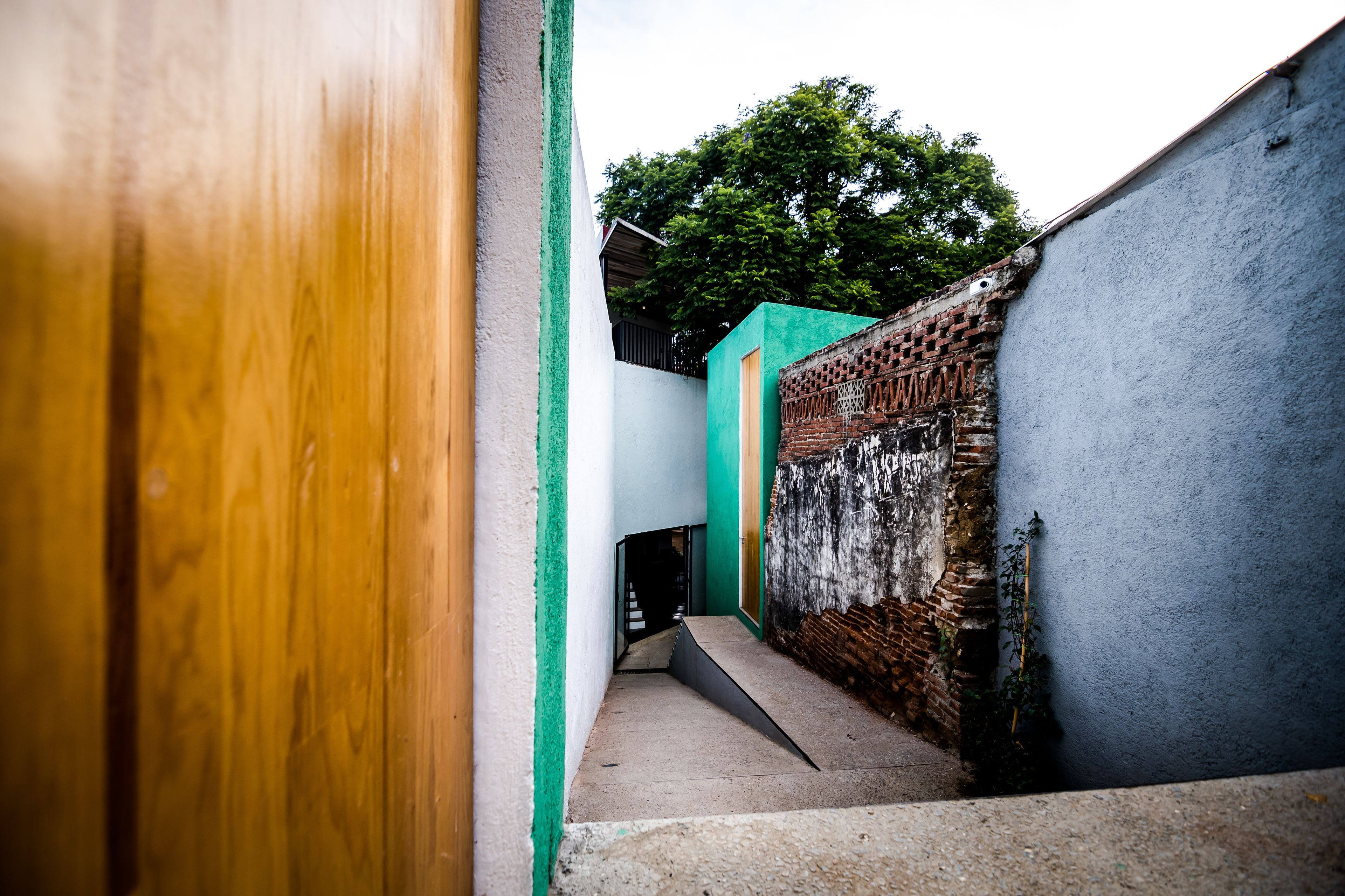 Une ruelle étroite, bordée d’un côté par un mur de briques et de l’autre par une porte en bois.