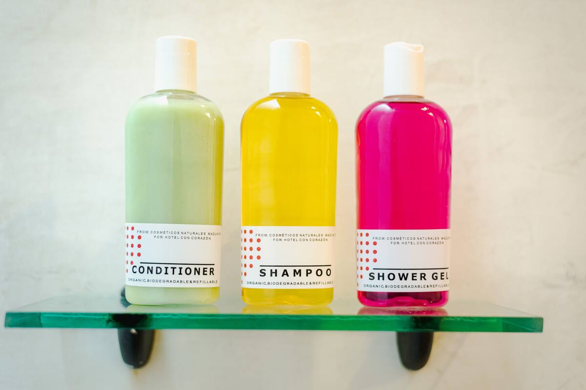 shower, eco-friendly toiletries, hair dryer, towels