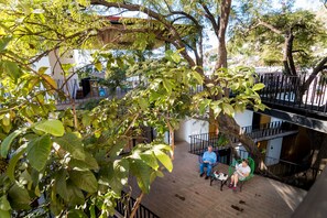 Relax in the serene outdoor patio area with a view of the surrounding landscape, surrounded by lush trees and a wall.