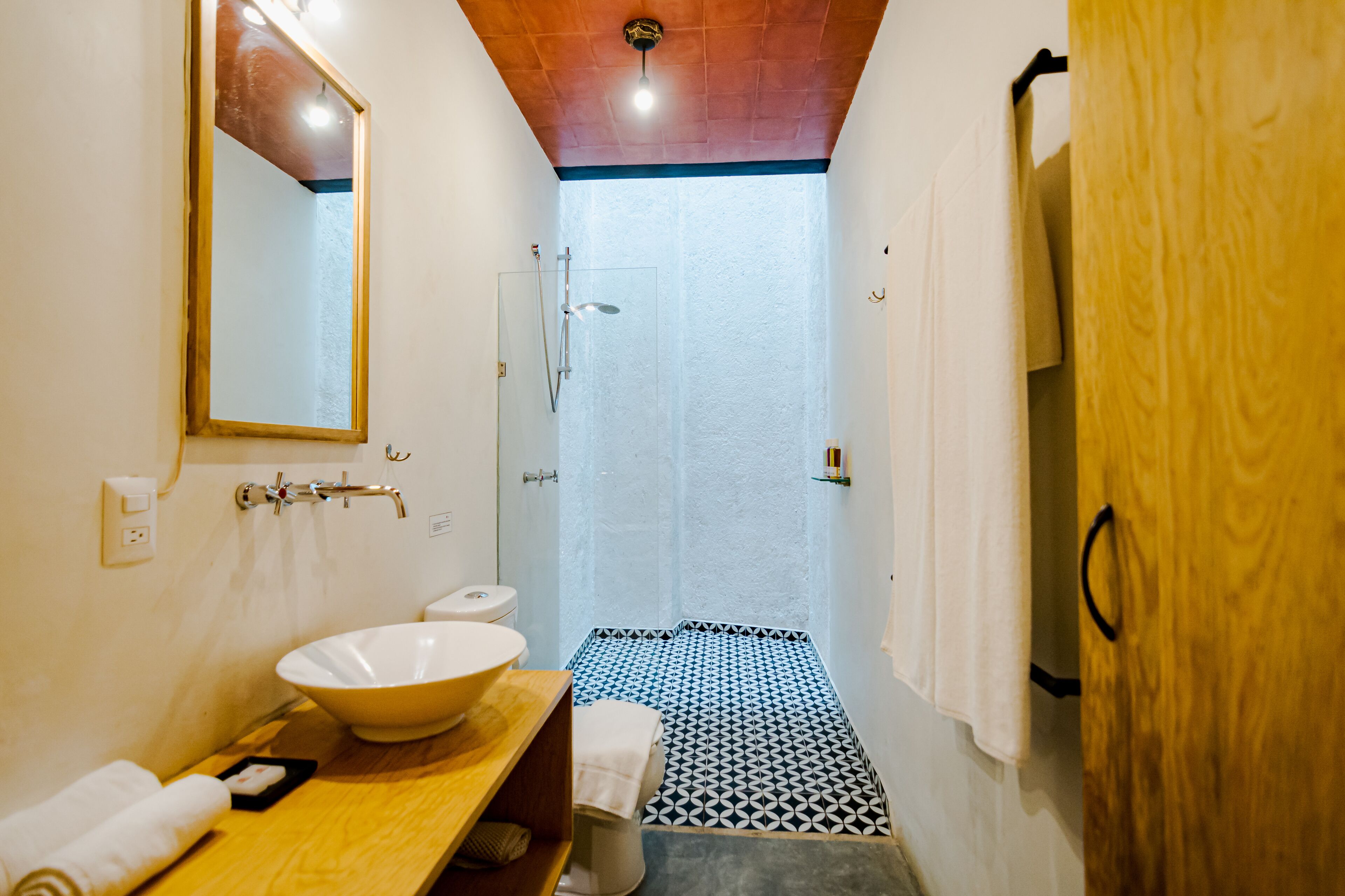 shower, eco-friendly toiletries, hair dryer, towels