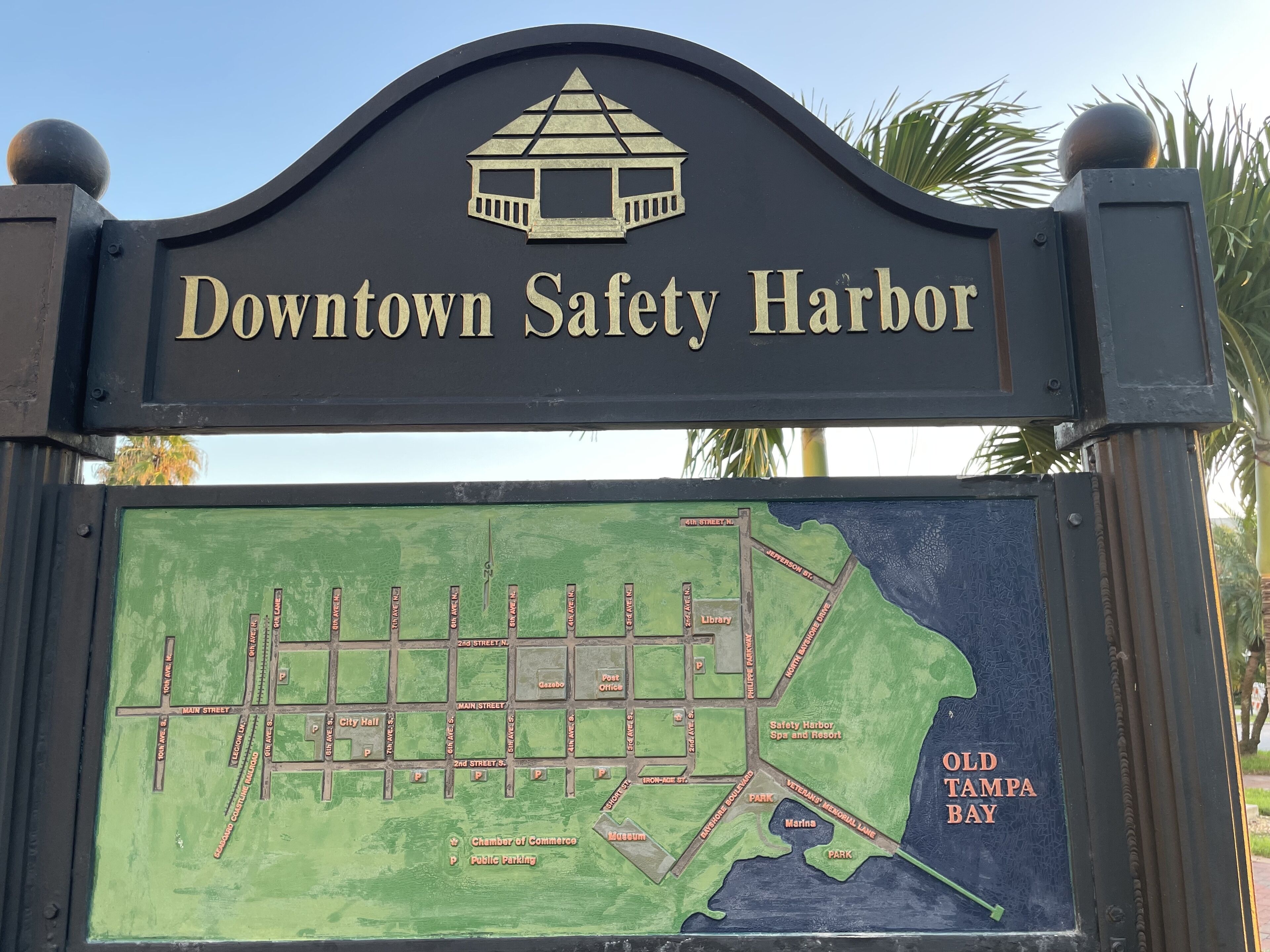 A sign for Downtown Safety Harbor with a map below it.