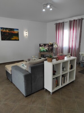 Un salon moderne avec un canapé d’angle, un téléviseur à écran plat, une bibliothèque et une plante décorative.
