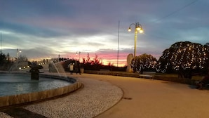 A park with a fountain, benches, and a tree decorated with lights.